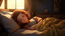 Cute Girl Animated Character Sleeping On A Bed