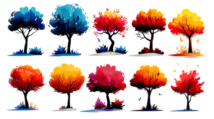 Wall Mural - collection of trees, set of colorful autumn trees