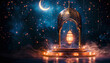 A mystical lantern hanging within an ornate arch, glowing amidst a surreal starry backdrop with a crescent moon illuminating.