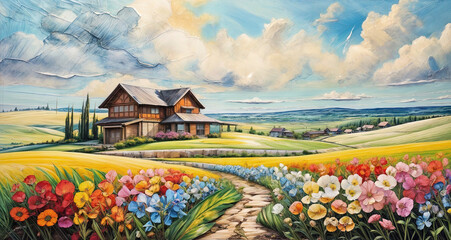Wall Mural - a oil painting panorama of a landscape, angle view of a valley fill full up grass and beautiful abst