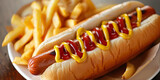 Fototapeta  - hot dog with ketchup and mustard, fries on the side, generative AI