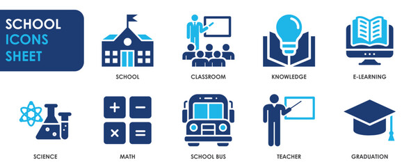 school icon set. containing classroom, students, various subjects and so on. education related flat 