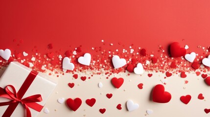 Wall Mural - Valentine's Day background with gifts and hearts, in red and white, top view