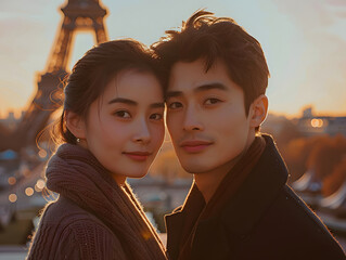 A couple wearing luxury coats are standing close to each other and smiling.  The background is European street and landmark