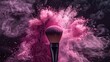 A close shot of pink powder explosion with makeup brush with a dark backdrop with a big space for text or make up product advertisement, Generative AI.