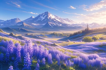 Beautiful flower field in the mountains, path leading to distant peaks, colorful clouds at sunset, misty valley, winding road through green hills, vibrant flowers blooming on grassland, serene landsca