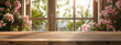 Empty beautiful wood tabletop counter on interior background with spring flowers and a window, copy space, text area on the right side
