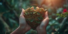 A Pair Of Human Hands Cradle A Carefully Constructed Nest Shaped Like A Heart, Filled With Vibrant Green Leaves