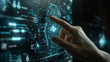 Experience modern technology with a cinematic touch as a hand pushes a button on a touchscreen interface. AI generative.