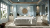 Fototapeta Konie - An inviting spa room featuring pristine white linens and soothing blue accents.