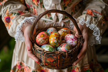 Close-up of a girl's hands is holding a basket full with pastel colorful Easter eggs with cute patterns on blurred background.