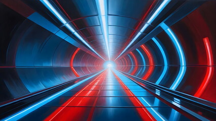 Wall Mural - Futuristic Tunnel of Light, Cyberpunk Blue Red Flash Neon