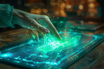 Immerse yourself in the future of interaction with a captivating scene of a hand touching a hologram screen over a desk displaying a green graph, showcasing the power of innovative AI generative techn