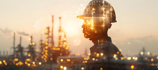 Wall Mural - Energy sector engineer in the foreground with a vibrant refinery scene behind in a detailed double exposure