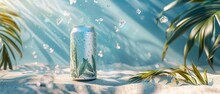 A Blue Juice Can Mockup With A Blue Backdrop With Ice Cubes, Palm Leaves And Beach Sands Representing Summer Refreshment With Space, Generative AI.