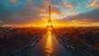 Aerial view of Eiffel Tower at sunset in Paris, France