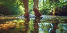 A Soothing Image Capturing Bare Human Feet Treading Gently Over River Pebbles Among A Serene Forest Background Nature And Tranquility Merge