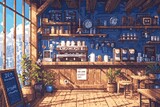 Fototapeta Londyn - Cafe background in pixel art style