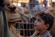 Portrait of a kid visiting in animal fair for Eid al-Adha with a blurry backdrop of camel with a big space for text or product, Generative AI.