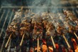 Grilled meat skewers with visible smoke and sparks over open flame on outdoor grill
