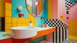 Layers of geometric shapes in vibrant colors, each layer revealing a witty take on bathroom etiquette