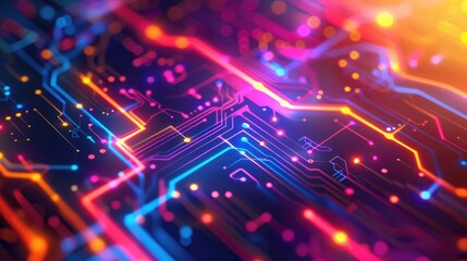 Poster - A computer circuit board illuminated with colorful lights, showcasing digital technology and abstract colors