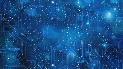 Poster - A computer circuit board glowing with blue lights and star-like patterns