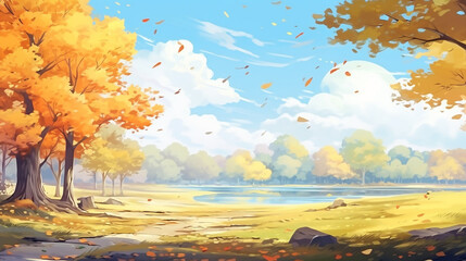 Wall Mural - autumn landscape with trees and falling leaves in beautiful cartoon anime style