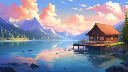 Wall Mural - beautiful view of wooden house over lake with mountain