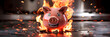 A piggy bank on fire illustrating the concept of financial loss or devastation from a fire incident