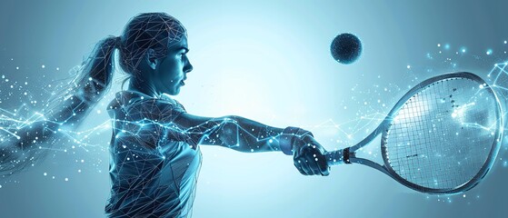 Wall Mural - Over a blue geometric backdrop, a low poly wireframe tandem format style art depicts a lady tennis player colliding with a tennis ball and space, Generative AI.