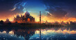 A beautiful painting of the Indian landscape with the Taj Mahal