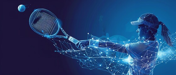 Wall Mural - Over a blue geometric backdrop, a low poly wireframe tandem format style art depicts a lady tennis player colliding with a tennis ball and space, Generative AI.