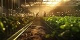 Fototapeta  - A serene image of a lush greenhouse with plants and glowing lights creating a warm, welcoming background atmosphere