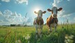 Two cows standing in a field with a beautiful landscape in the background by AI generated image