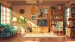 asthetic cartoon pic of inside of a wooden house with beautiful furniture inside it