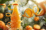 Fototapeta Łazienka - orange juice bottle with orange farm background