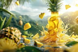 Fototapeta Łazienka - pineapple juice bottle with farm background