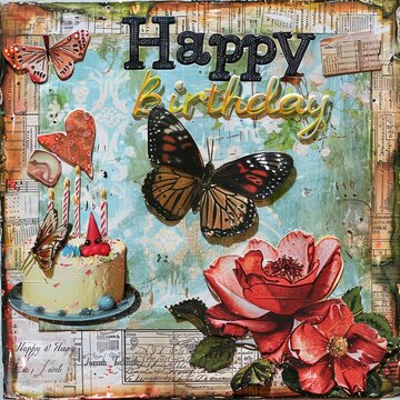Joyous birthday collage, featuring heartfelt text happy birthday, vibrant celebration capturing special moments and cherished memories, personalized tribute to mark occasion with love and happiness.