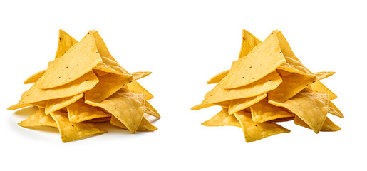A pile of cheese covered tortilla chips isolated on white background. Nachos Mexican cuisine.
