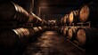 Vintage Charm: Oak Wine Barrels in an Old Dark Wine Cellar Stack

