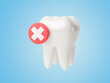 White tooth with a cross sign in a red circle. 3d render. blue background