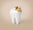 White tooth and golden crown symbol. 3d render. beige background