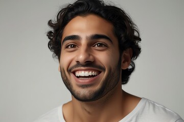 Wall Mural - young middle eastern man on plain bright white background laughing hysterically looking at camera background banner template ad marketing concept from Generative AI