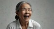 young indonesian elderly woman on plain bright white background laughing hysterically looking at camera background banner template ad marketing concept from Generative AI