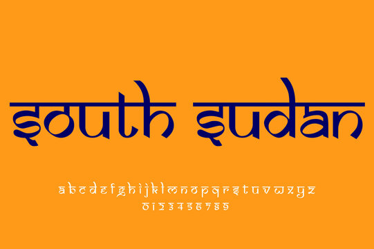 country South Sudan text design. Indian style Latin font design, Devanagari inspired alphabet, letters and numbers, illustration.
