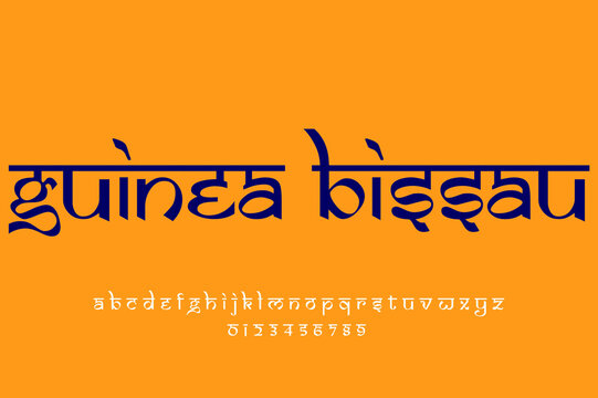 country Guinea Bissau text design. Indian style Latin font design, Devanagari inspired alphabet, letters and numbers, illustration.