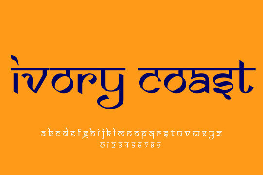 country ivory coast text design. Indian style Latin font design, Devanagari inspired alphabet, letters and numbers, illustration.