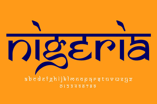 country Nigeria text design. Indian style Latin font design, Devanagari inspired alphabet, letters and numbers, illustration.