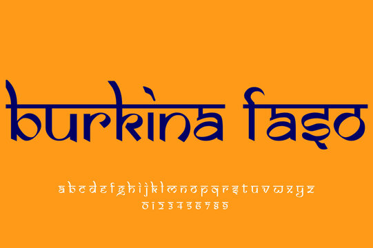 country Burkina Faso text design. Indian style Latin font design, Devanagari inspired alphabet, letters and numbers, illustration.